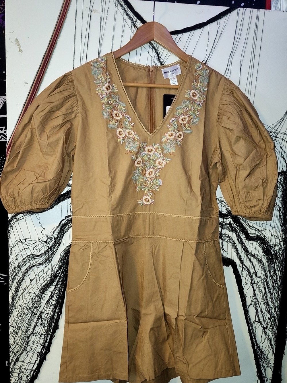 Lavish Tan Floral-Embroidered V-Neck Romper